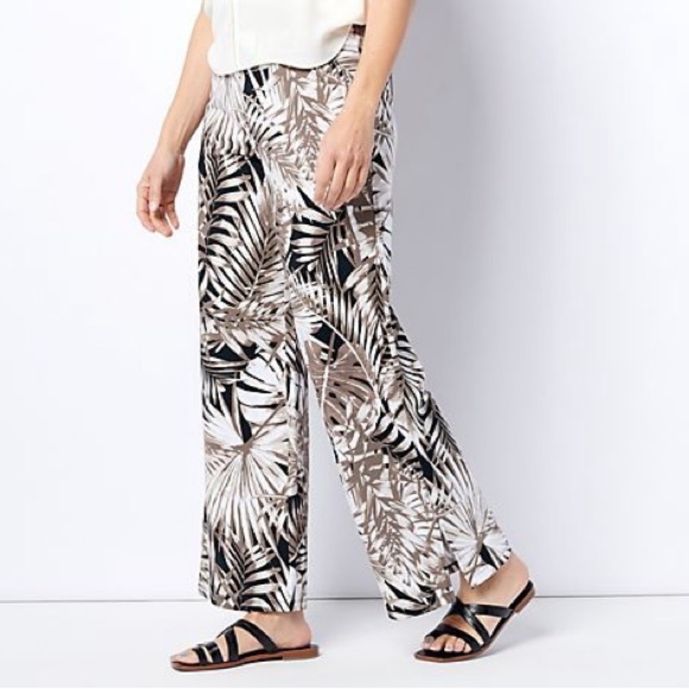 Denim & Co. Size XS Tall Beach Printed Jersey Pants Taupe Palm